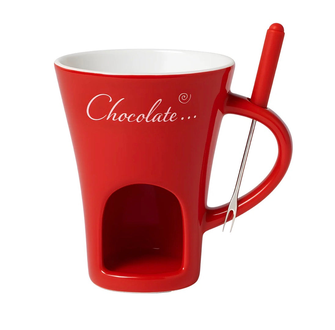 Taza fondue de cerámica color marrón chocolate con tenedor y velas